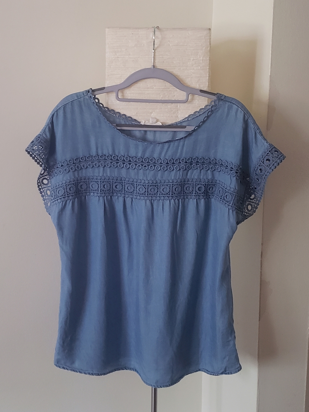 Blu Pepper Light Blue Crochet Trim Short Sleeve Blouse Size M